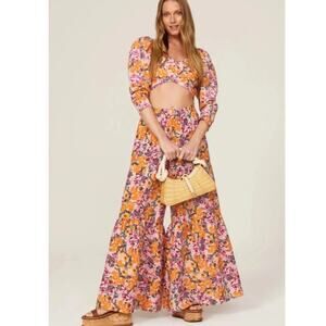 Something Navy Womens XXL Floral Tiered Wide Leg Pants Blouse Outfit Set Linen